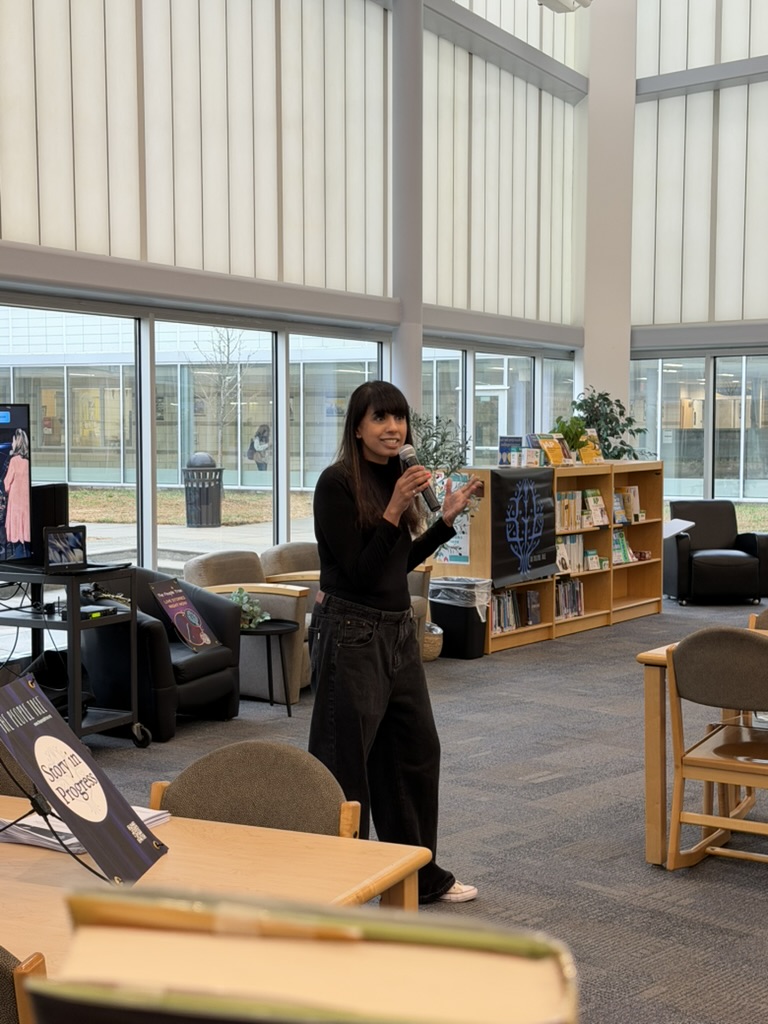 A People Tree producer leading a school library workshop