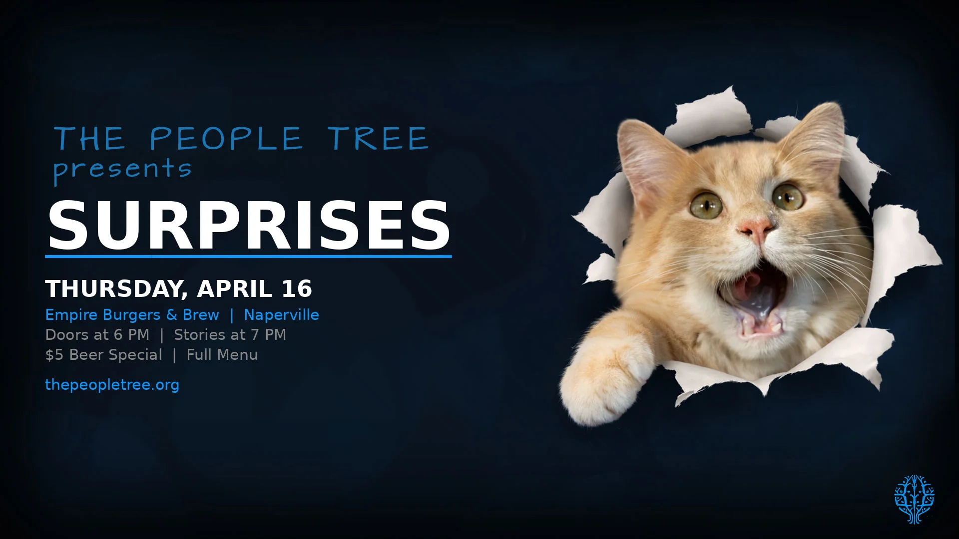 Promotional image for The People Tree storytelling event in Naperville. Theme is Surprises, April 16 2026.