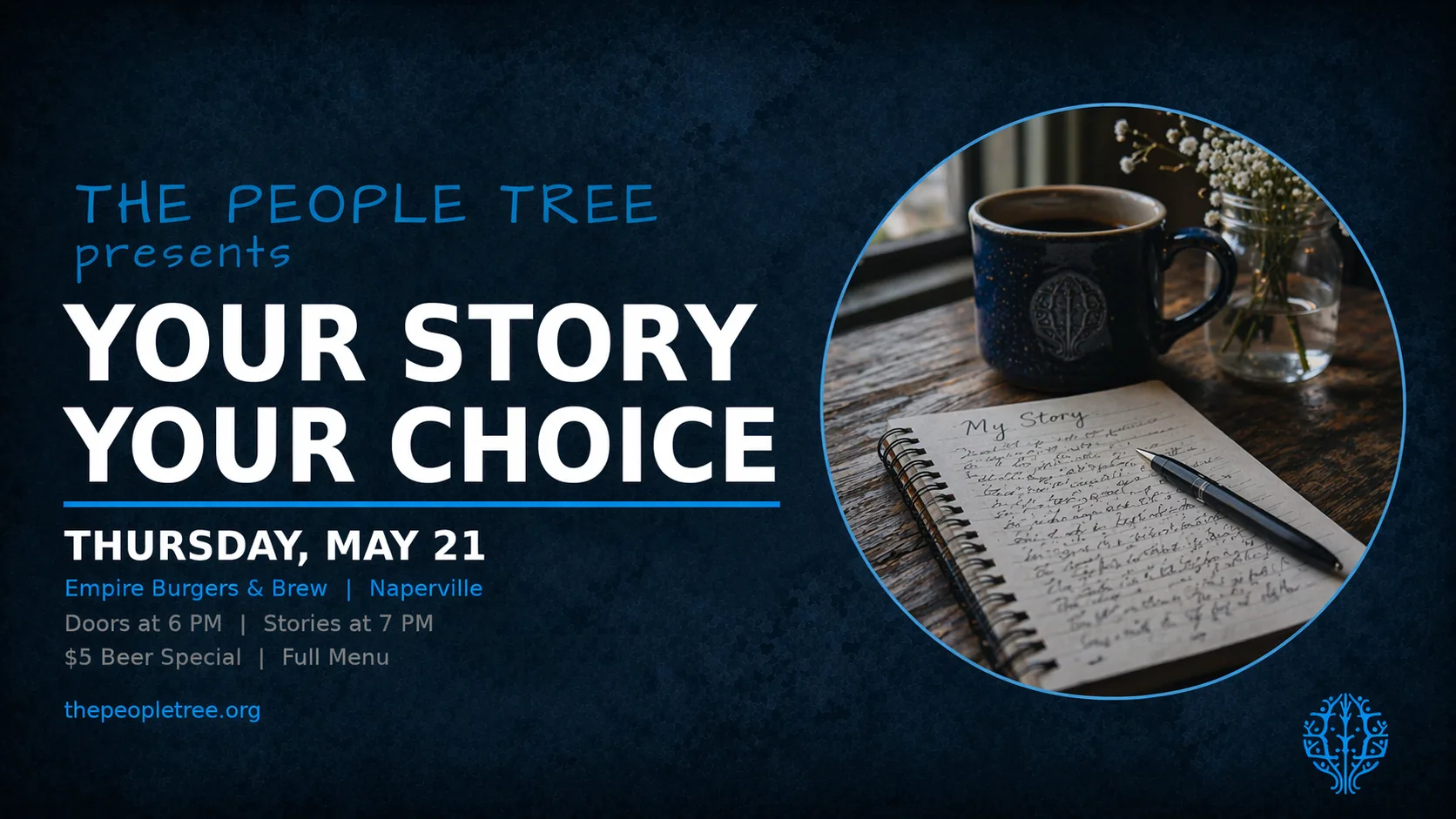 Promotional image for The People Tree storytelling event in Naperville. Theme is Your Story Your Choice, May 21, 2026